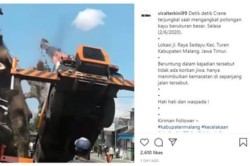 Viral, Video Detik-detik Crane di Malang Terjungkir karena Tak Kuat Angkat Potongan Pohon