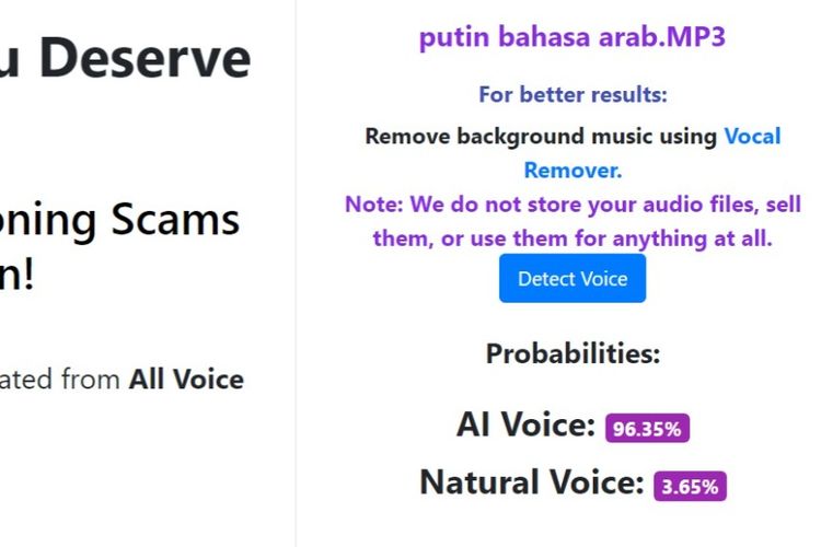 Tangkapan layar AI Voice Detector menunjukkan bahwa suara Putin berbahasa Arab 96,35 persen merupakan suara yang dihasilkan oleh kecerdasan buatan atau artificial intelligence (AI).
