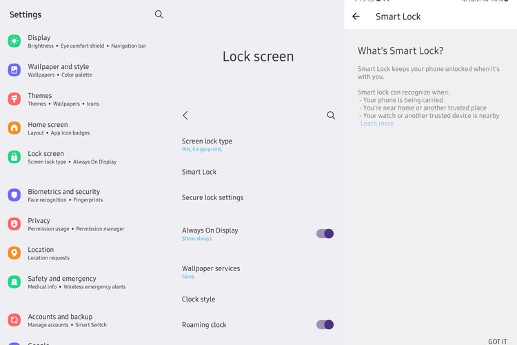 Cara mengaktifkan fitur Smart Lock di OneUI.