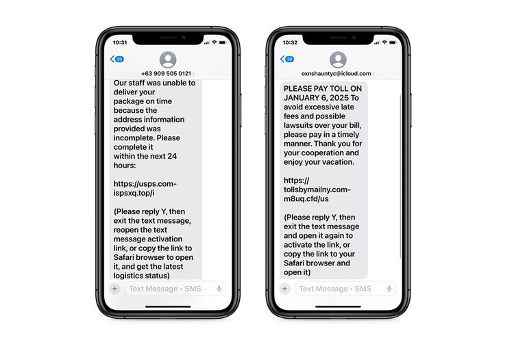 Tangkapan gambar pesan yang memuat link phising di iMessage iPhone