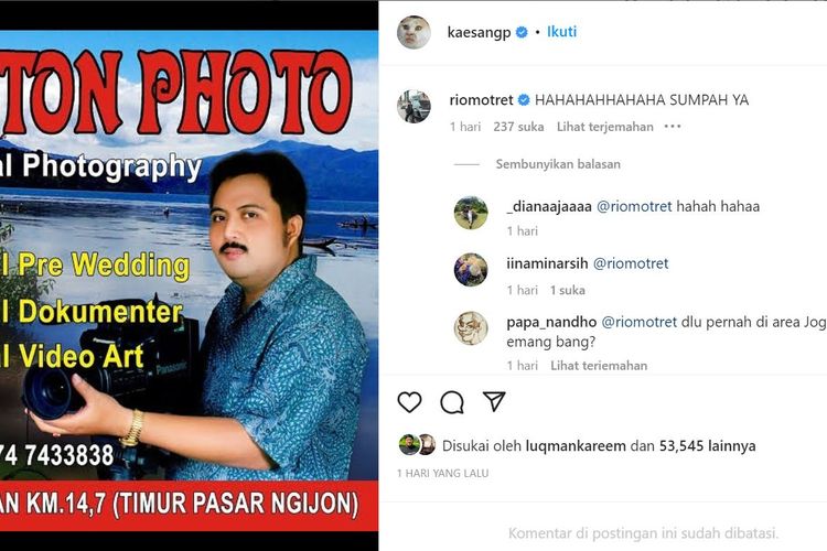 Putra bungsu Presiden Joko Widodo, Kaesang Pangarep kemarin mengunggah poster jasa foto pernikahan asal Yogyakarta, Andi's.