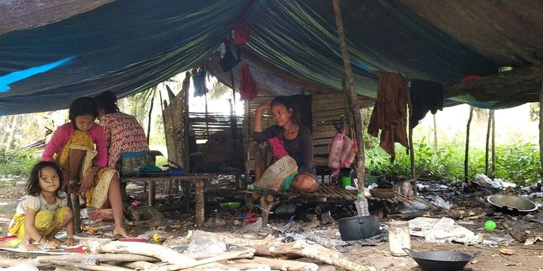 Para perempuan dan anak-anak Orang Rimba sedang berada di sudong kebun sawir Desa Rejosari, Kecamatan Pamenang, Kabupaten Merangin, Jambi, Minggu (23/6/2024)