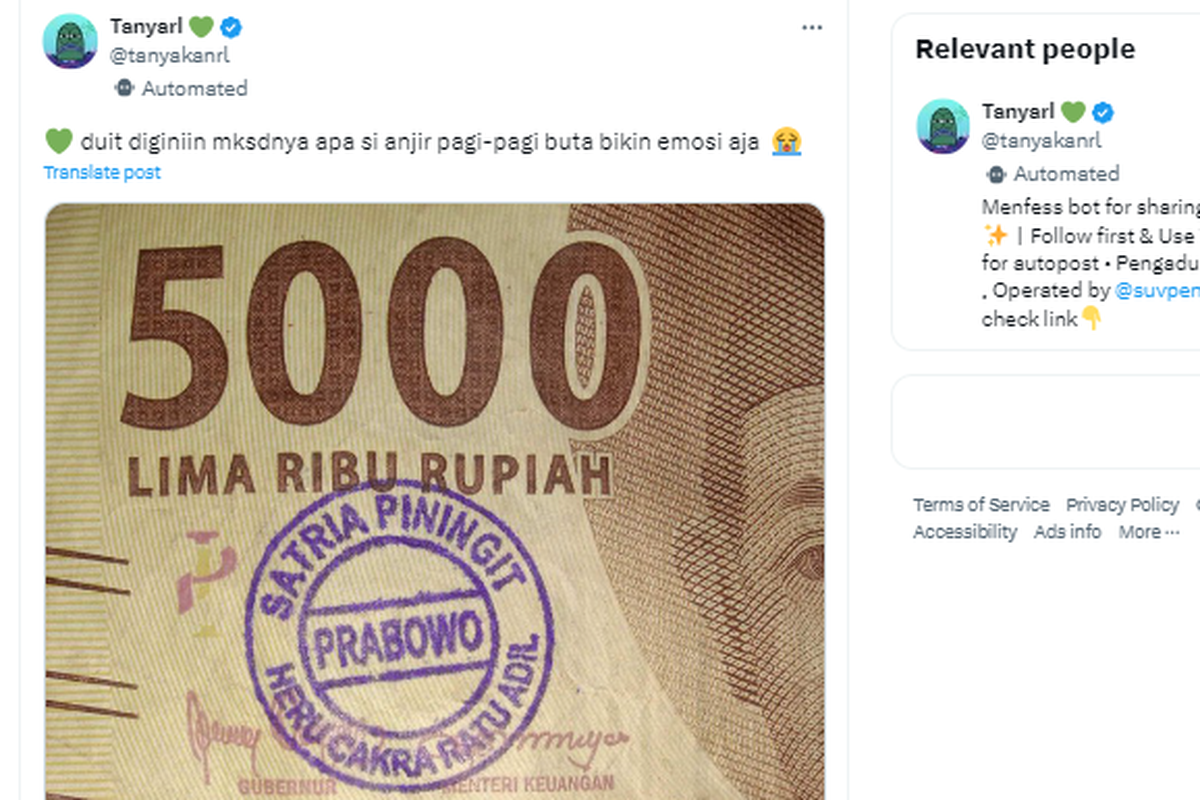 Tangkapan layar unggahan yang menampakkan uang rupiah dengan stempel Satria Piningit