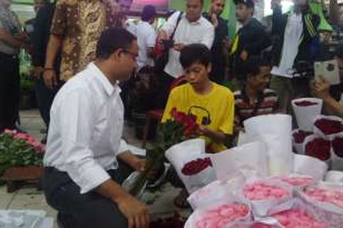 Anies Baswedan di pasar bunga di Pasar Rawa Belong, Jakarta Barat, Rabu (2/11/2016)