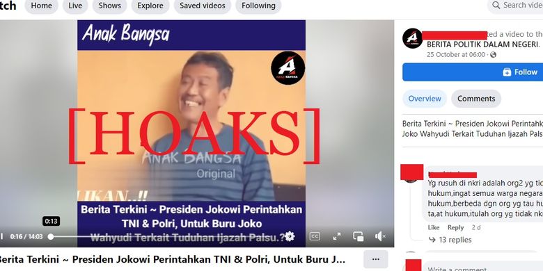 Tangkapan layar Facebook narasi yang menyebut bahwa Jokowi memerintahkan Polri dan TNI untuk memburu Djoko Wahyudi terkait ijazah palsu