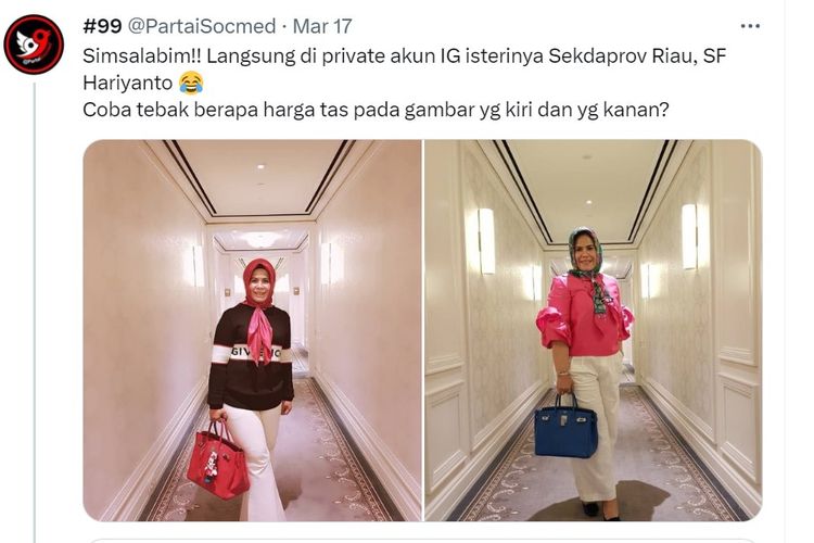 Beredar di media sosial sejumlah foto yang memperlihatkan gaya hedonisme istri Sekretaris Pemerintah Provinsi Riau SF Hariyanto.