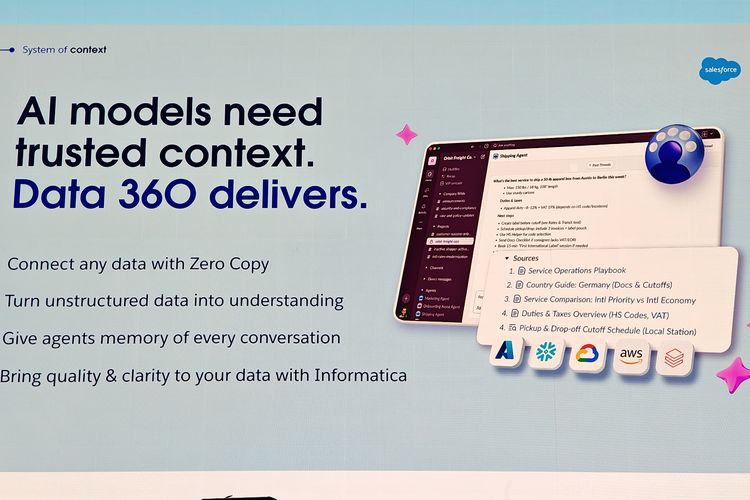 Ilustrasi Data 360, pendekatan Agenforce yang menggabungkan data terstruktur dan tidak terstruktur, seperti transaksi pelanggan, dokumen, e-mail, hingga percakapan internal, guna memberikan konteks yang lebih kaya bagi AI.