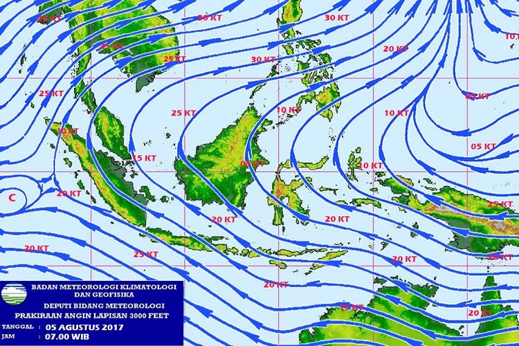 Prakiraan angin BMKG pada 5 Agustus 2017. Tanda panah menunjukkan arah angin. Tiupan angin dari Australia yang tidak membawa uap air memicu hawa dingin di sejumlah wilayah Indonesia saat malam. 