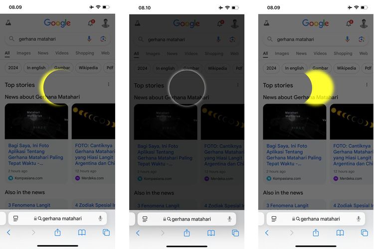 Tampilan easter egg animasi gerhana matahari di Google Search yang muncul saat cari kata gerhana matahari atau solar eclipse.