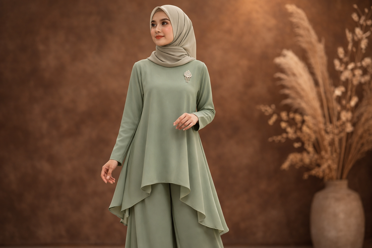 Tunik Asimetris Modern + Kulot Wide Leg