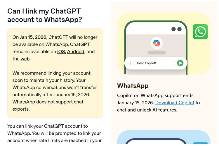 Pengumuman OpenAI (kiri) dan Microsoft (kanan) yang menyebut bahwa chatbot AI mereka tak akan tersedia lagi di WhatsApp per tanggal 15 Januari 2026.