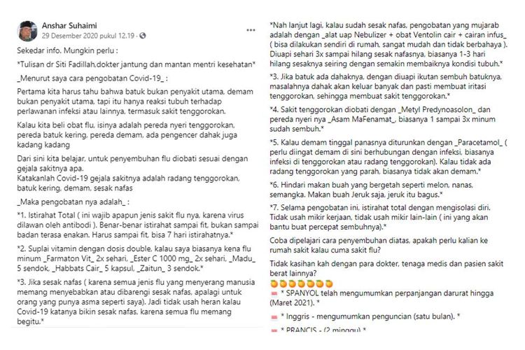 Tangkapan layar narasi yang mencatut nama mantan Menteri Kesehatan dan dokter jantung dr Siti Fadilah Supari soal pengobatan Covid-19.
