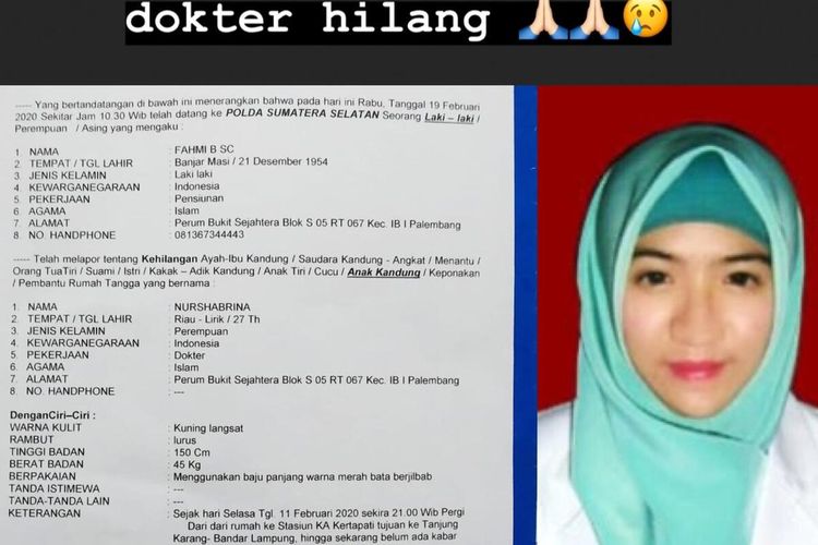 Nurshabrina (27) dokter muda asal Palembang, Sumatera Selatan yang viral setelah dilaporkan hilang oleh keluarganya.