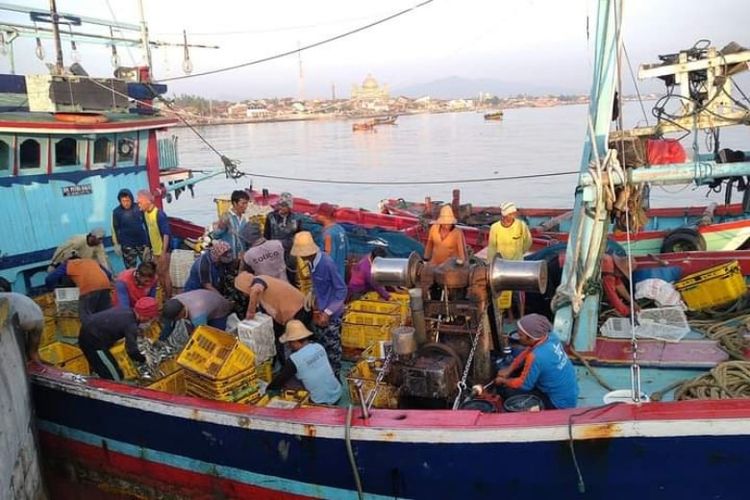 Sejumlah nelayan pulang dari melaut di Laut Jawa. Mereka menepikan kapal di pantai daerah Sarang, Rembang, Jawa Tengah.