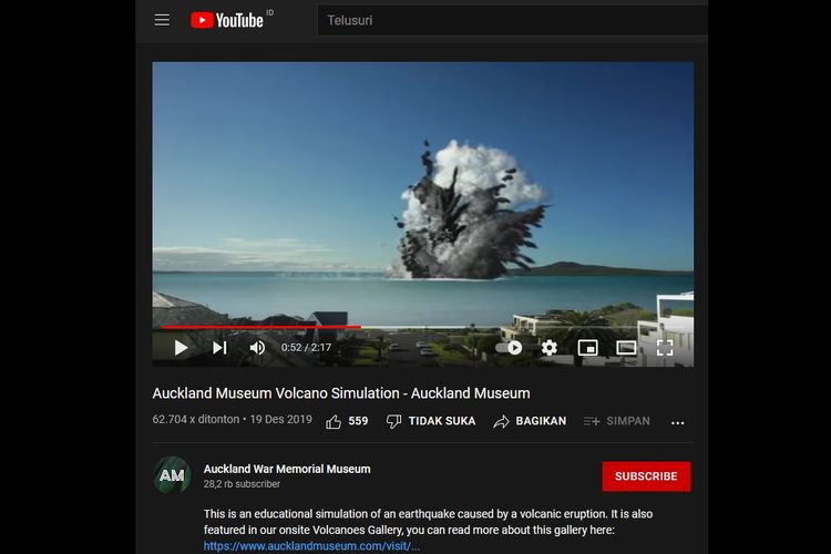 Video simulasi untuk tujuan pendidikan gempa bumi yang disebabkan oleh gunung berapi, dari Galeri Gunug Berapi, Museum Auckland.