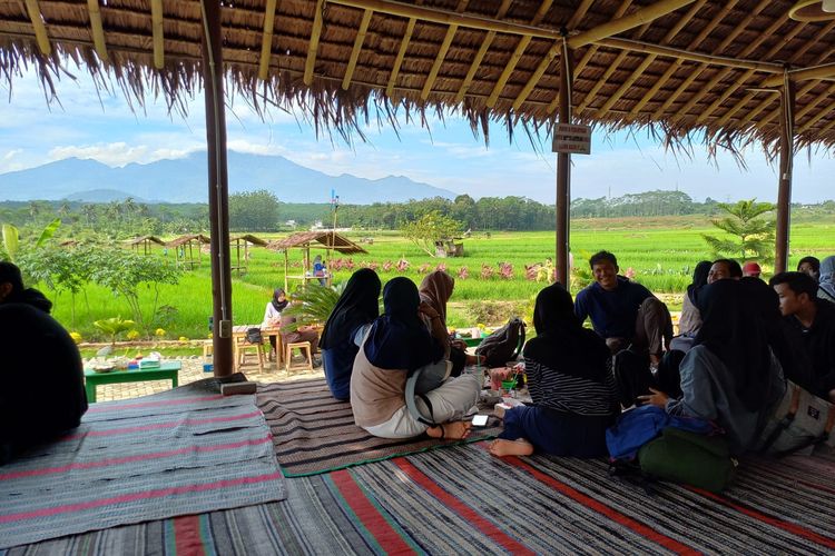Pengunjung menikmati soto ayam dan pemandangan di Soto Sawah Mbak Tutik, Kamis (11/5/2023).