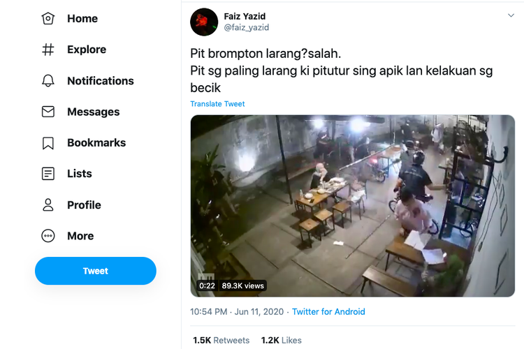 Tangkapan layar unggahan pesepeda yang membawa masuk sepeda ke cafe