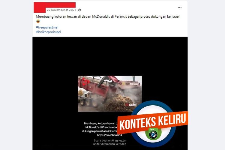Tangkapan layar Facebook narasi yang mengeklaim warga Perancis membuang kotoran di depan gerai McDonald's terkait dengan konflik Israel-Palestina
