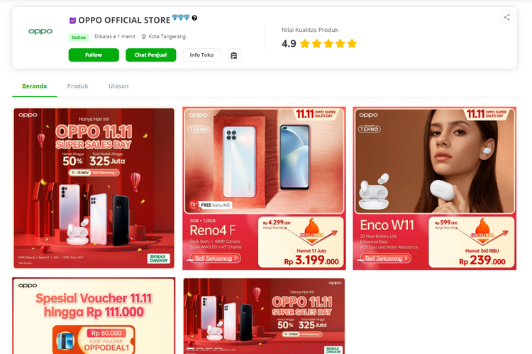 Promosi Oppo 11.11 Super Sales Day yang digelar Oppo pada kanal e-commerce Tokopedia.