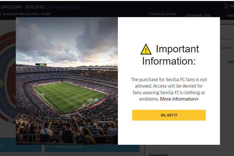 Tangkapan layar laman resmi Barcelona yang menampilkan keterangan terkait larangan pembelia tiket oleh fans Sevilla. Barcelona akan menjamu Sevilla dalam laga lanjutan Liga Spanyol di Stadion Camp Nou pada Senin (6/1/2023) dini hari WIB.