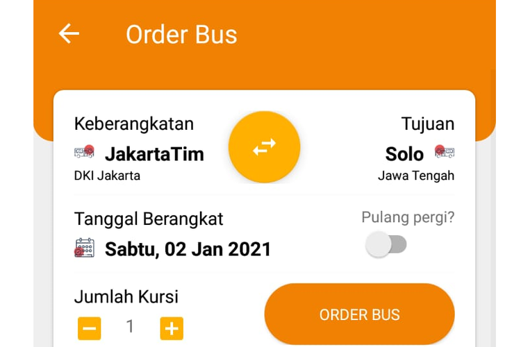 Tampilan menu order bus di aplikasi Jaketbus