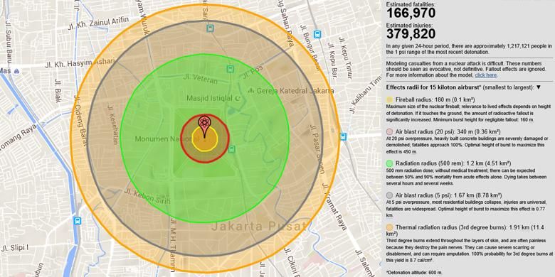 Ilustrasi wilayah terdampak bom jika bom atom dijatuh kan di Kawasan Monumen Nasional, Jakarta.