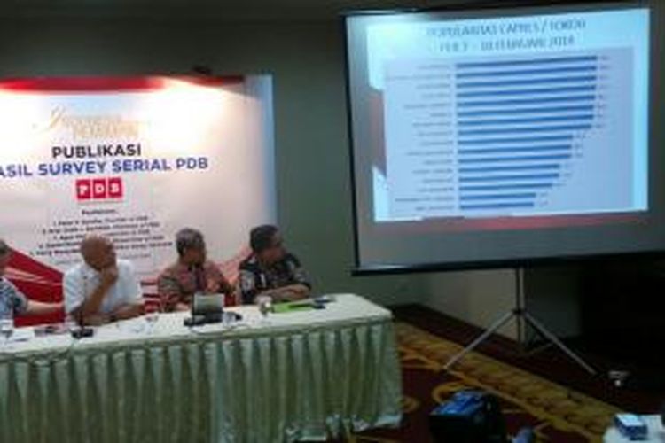 Pusat Data Bersatu (PDB) memaparkan hasil survei calon presiden 2014 di Hotel Atlet Century Park, Jakarta, Jumat (21/2/2014).