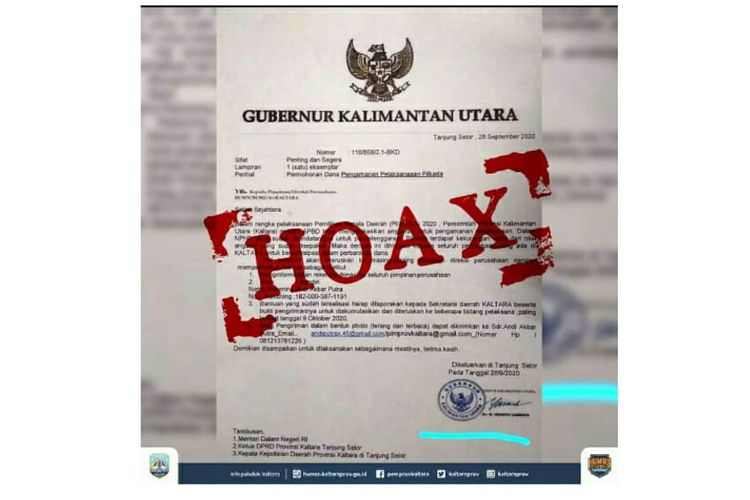 Surat palsu permohonan bantuan dana untuk pengamanan Pilkada mengatasnamakan Gubernur Kaltara. 