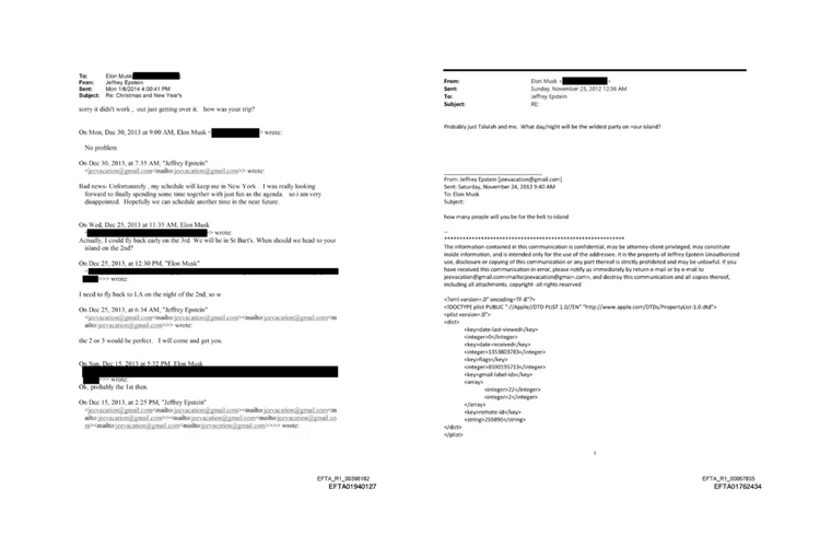 Lampiran berkas email yang dikirimkan Jeffrey Epstein kepada Elon Musk pada 2012 dan 2014. 
