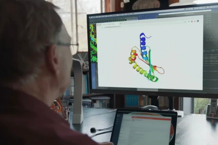 Visualisasi struktur protein hasil prediksi AlphaFold, sistem AI besutan Google DeepMind yang mampu memecahkan persoalan protein folding.