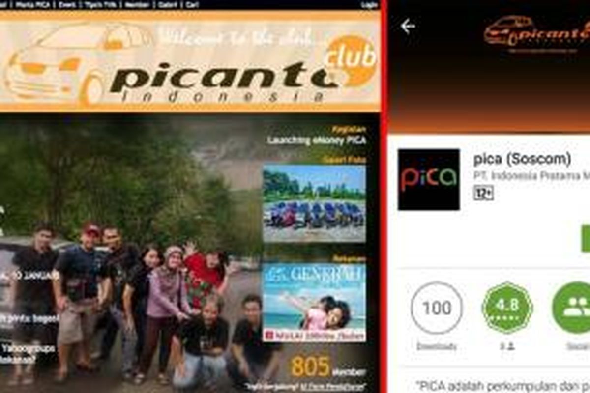 Picanto Club Indonesia (PiCA) meresmikan penyegaran pada situs resmi (kiri) dan meluncurkan aplikasi berbasis Android PiCA (Soscom). 