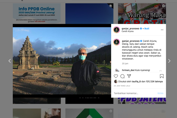 Tangkapan layar unggahan instragram Gubernur Jateng Ganjar Pranowo di Candi Arjuna, Dieng, Banjarnegara, Jawa Tengah. 