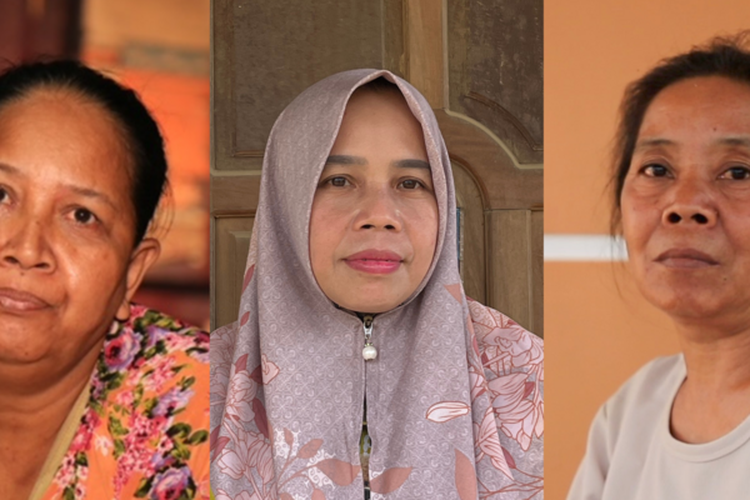 Sukini (kiri), Syarariyah (tengah), dan Hamidah (kanan) adalah sebagian warga Desa Bumi Harapan, Kecamatan Sepaku, Kabupaten Penajam Paser Utara yang terdampak megaproyek IKN