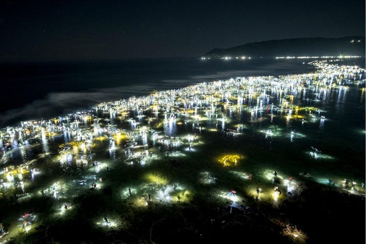 Pantai Seger saat subuh, ketika warga berburu nyale atau cacing laut dibantu penerangan senter. 