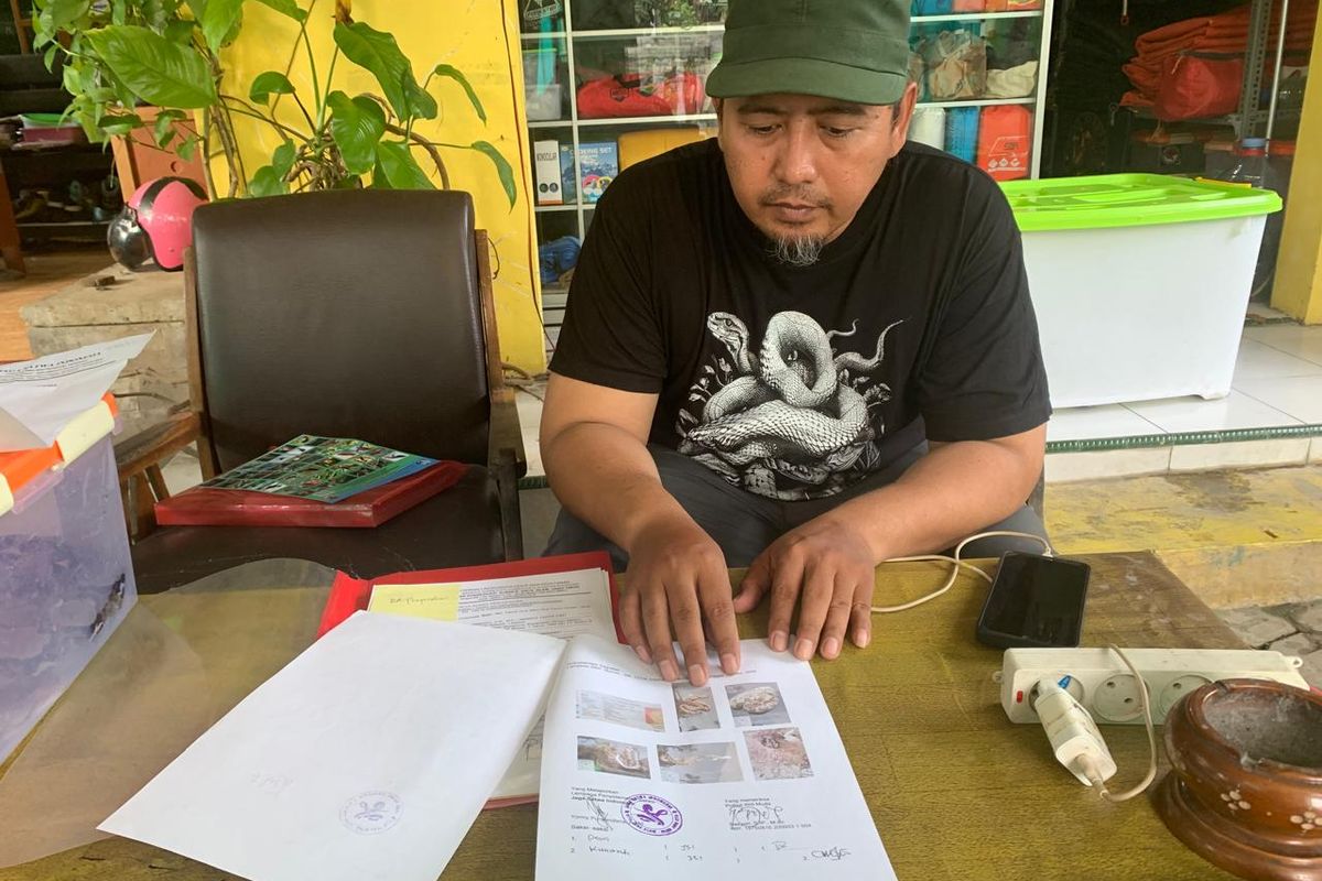 SURAT—Koordinator Jaga Satwa Indonesia, Yonny Purwandana menunjukkan surat serah terima satwa liar yang dikumpulkan dari warga atau petugas damkar kepada BKSDA untuk dilepasliarkan ke habitatnya masing-masing. 