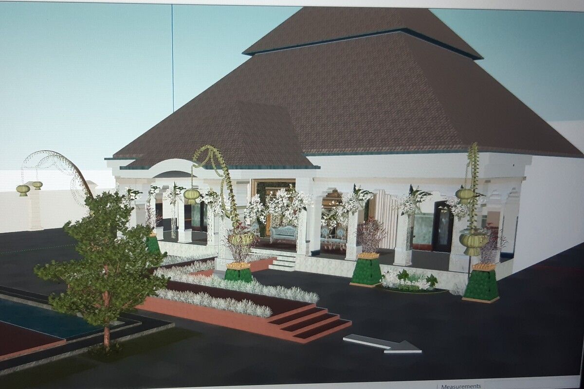 Dekorasi ngunduh mantu putra bungsu Presiden Jokowi, Kaesang Pangarep dengan Erina Gudono di Loji Gandrung yang dikonsep oleh Asmoro Dekorasi Solo, Jawa Tengah, Selasa (29/11/2022).