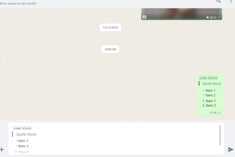 WhatsApp tengah menguji coba format teks baru yang terdiri dari Code block, Quote block, dan Lists