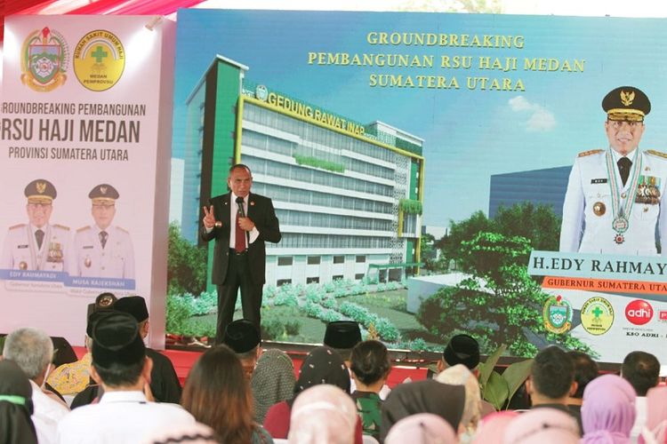 Gubernur Sumatera Utara (Sumut) Edy Rahmayadi melaksanakan Groundbreaking Pembangunan Rumah Sakit Umum Haji Medan di  Jalan Rumah Sakit Haji, Medan Estate, Kecamatan Percut Seituan, Kabupaten Deliserdang, Rabu (16/11/2022). 