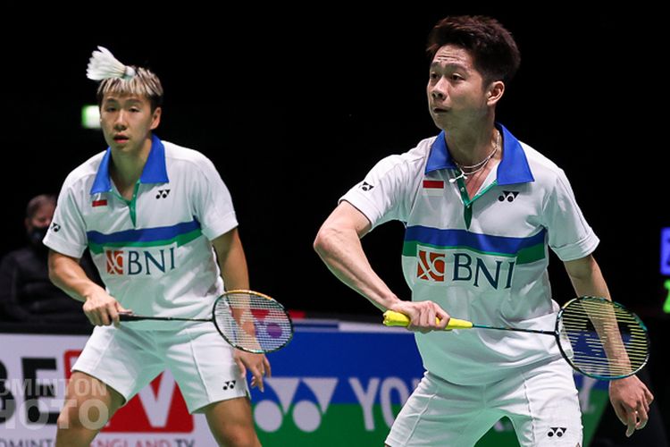 Marcus Fernaldi Gideon/Kevin Sanjaya Sukamuljo ketika menghadapi Matthew Clare/Ethan Van Leeuwen pada laga babak pertama All England 2021 di Utilita Arena Birmingham, Rabu (17/3/2021) malam WIB.