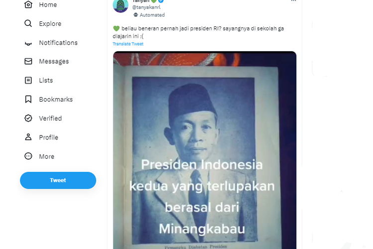 Tangkapan layar twit soal Mr. Assaat, Presiden Negara RI yang kerap terlupa