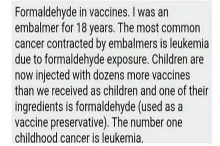 Tangkapan layar berisi fomaldehida dalam vaksin berkaitan dengan leukemia pada anak.