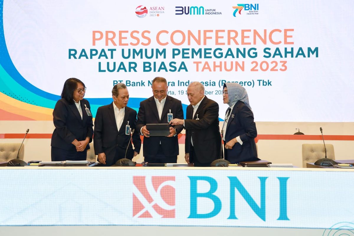 Konferensi pers RUPSLB Tahun 2023 BNI di Jakarta, Selasa (19/9/2023).