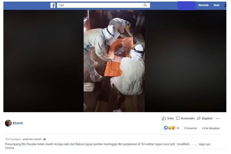 Tangkapan layar video bernarasi penumpang bus Rosalia Indah meninggal dunia karena corona.