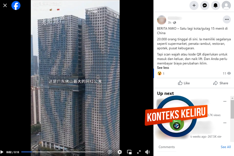 Tangkapan layar konten dengan konteks keliru di sebuah akun Facebook, Jumat (15/3/2024), soal  gedung yang disebut Kota 15 Menit dihuni 20.000 orang di China.