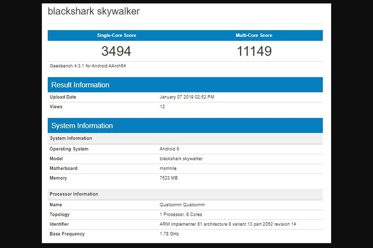 Spesifikasi ponsel Xiaomi Black Shark Skywalker muncul di halaman GeekBench. 