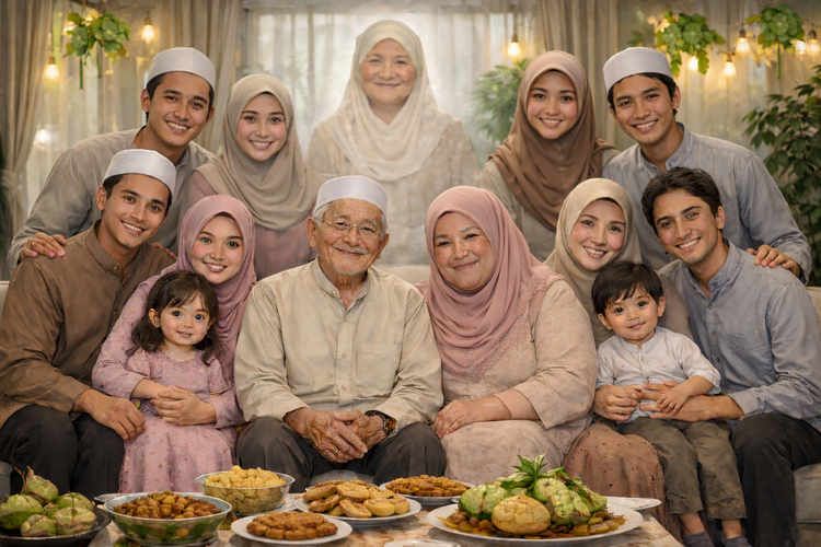 Contoh prompt AI untuk menggabungkan foto keluarga, cocok untuk menciptakan momen yang lebih bermakna, terutama saat perayaan seperti Idul Fitri. 