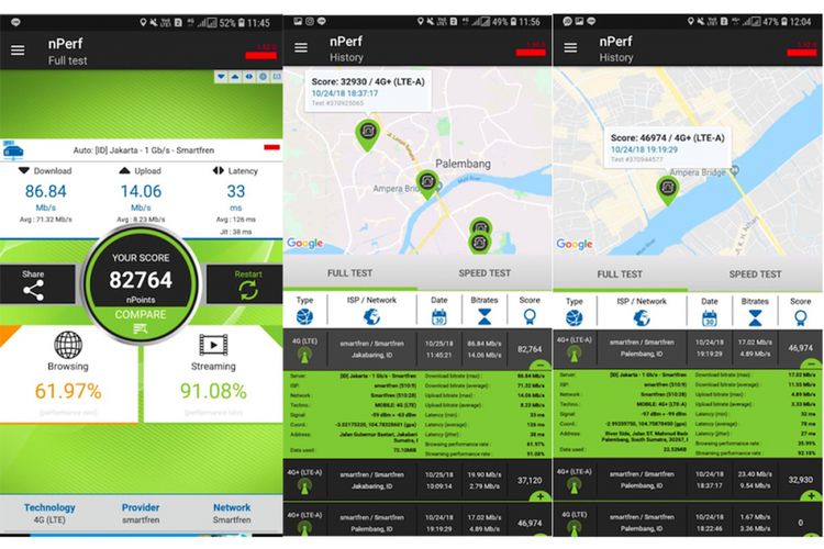 Screenshot sebagian hasil uji nPerf yang dilakukan KompasTekno terhadap jaringan 4G Plus Smarfren di Palembang. Puncak kecepatan diperoleh di dekat Gerai Smartfren di area Jakabaring. Di luar itu, kecepatannya lebih rendah. Kadang jaringan 4G Plus masih turun ke 4G. 