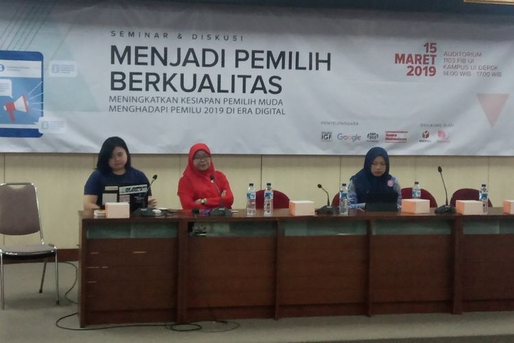 Fakultas Ilmu Pengetahuan Budaya (FIB) Universitas Indonesia (UI) dan Suara Mahasiswa (Suma) menggelar seminar ?Menjadi Pemilih Berkualitas? yang diadakan di Auditorium FIB UI, Depok, Jawa Barat (15/3/2019). 