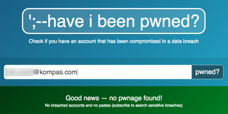 Tampilan situs Have I Been Pwned untuk memeriksa apakah sebuah akun pernah dibocorkan di internet. Apabila tidak, maka akan muncul tulisan Good News - no pwnage found!