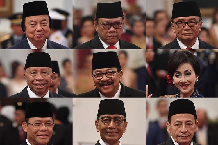 Kolase memperlihatkan wajah anggota Dewan Pertimbangan Presiden (Wantimpres) periode 2019-2024, Dato Sri Tahir (atas kiri), Agung Laksono (atas tengah), Sidharto Danusubroto (atas kanan), Arifin Panigoro (tengah kanan), Soekarwo (tengah), Putri Kuswisnu Wardani (tengah kiri), M Mardiono (bawah kiri), Wiranto (bawah tengah), dan Habib Luthfi bin Yahya saat acara pelantikan oleh Presiden Joko Widodo di Istana Merdeka, Jakarta, Jumat (13/12/2019).